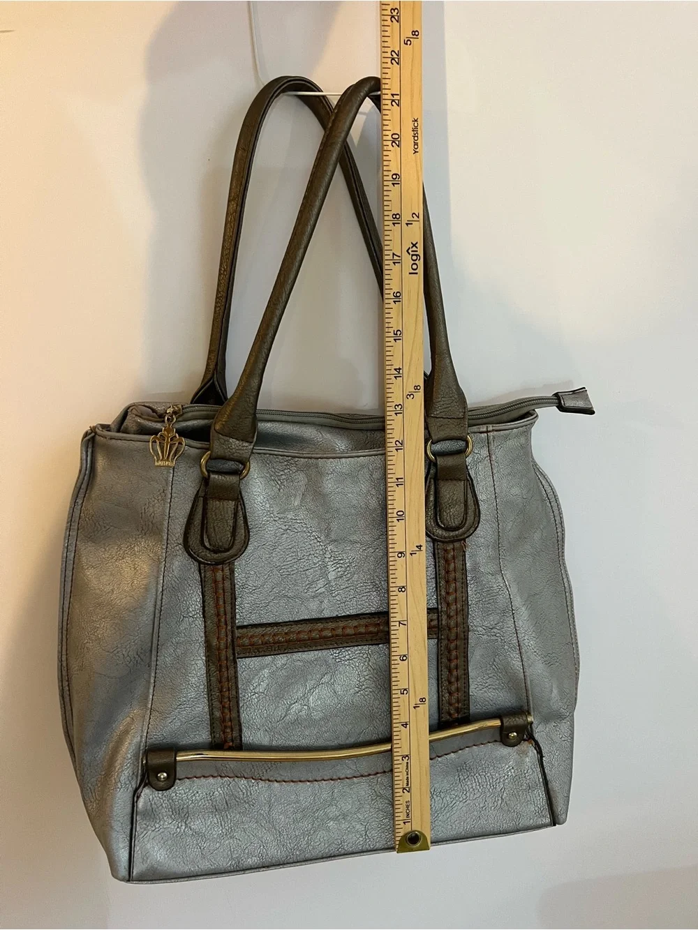 Limelight Metallic Silver Tote Bag, Brown Trim, Braided Detail & Floral Lining - Picture 6 of 16